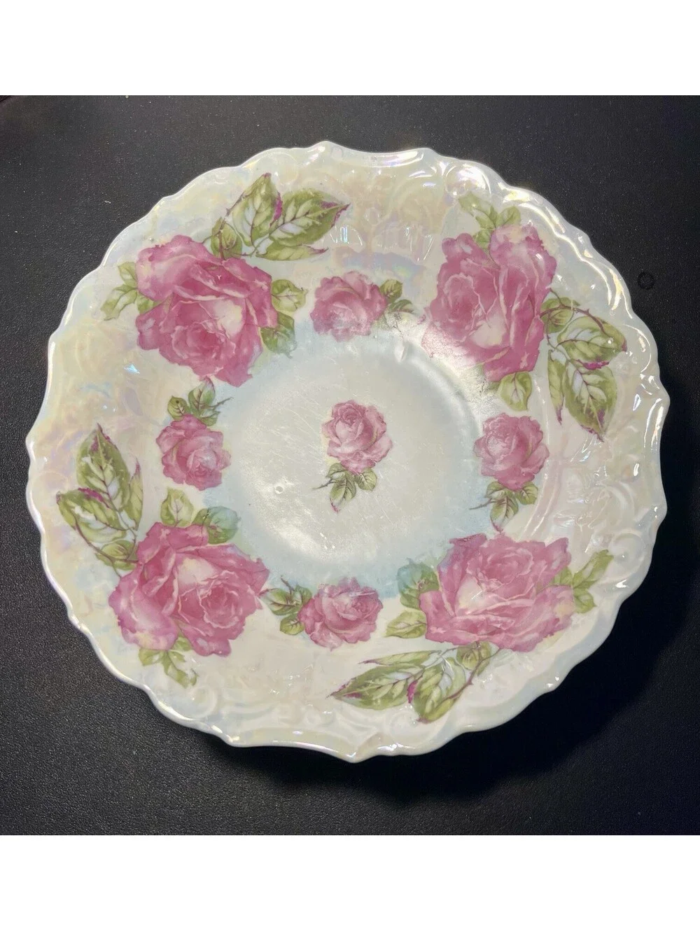 Antique 1910s Serving Bowl Iridescent Lusterware Pink Roses, 10.5x2.5” DAMAGED